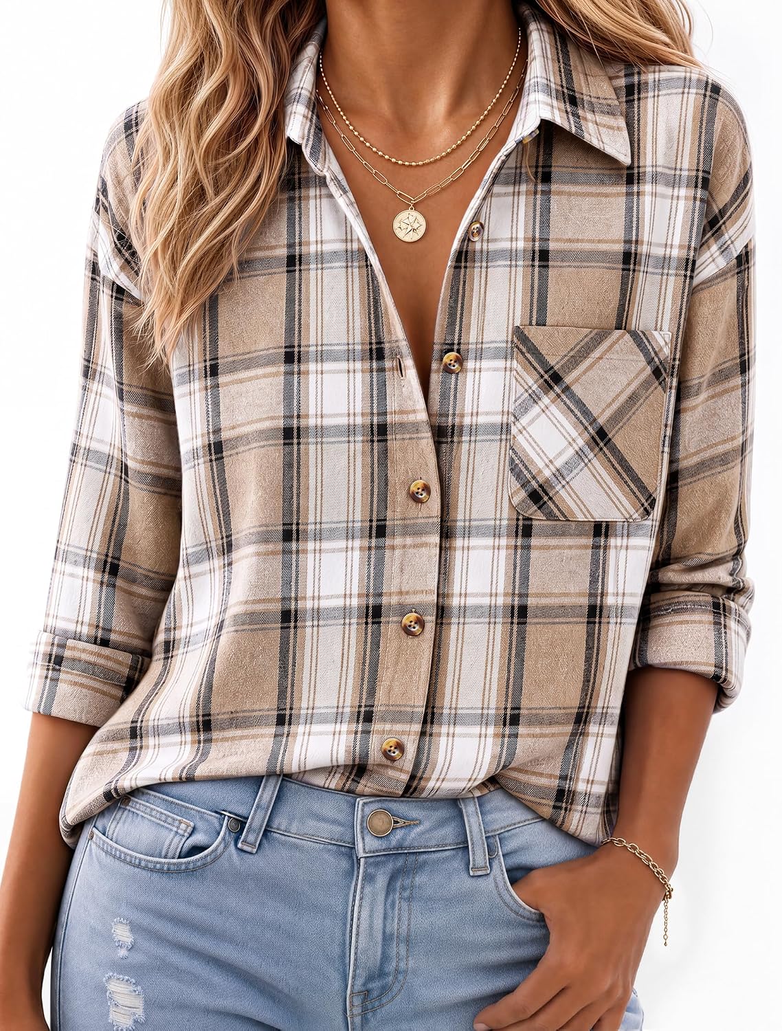 JOGAL W597 Women's Oversized Plaid Flannel Long-Sleeve Shirt - Khaki White - model front
