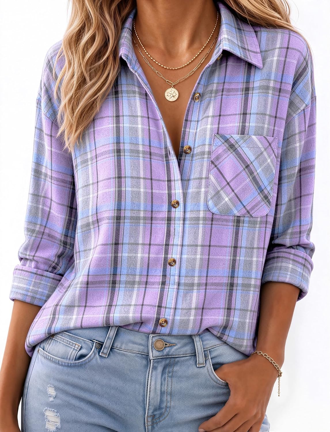 JOGAL W597 Women's Oversized Plaid Flannel Long-Sleeve Shirt - Lavender - model front