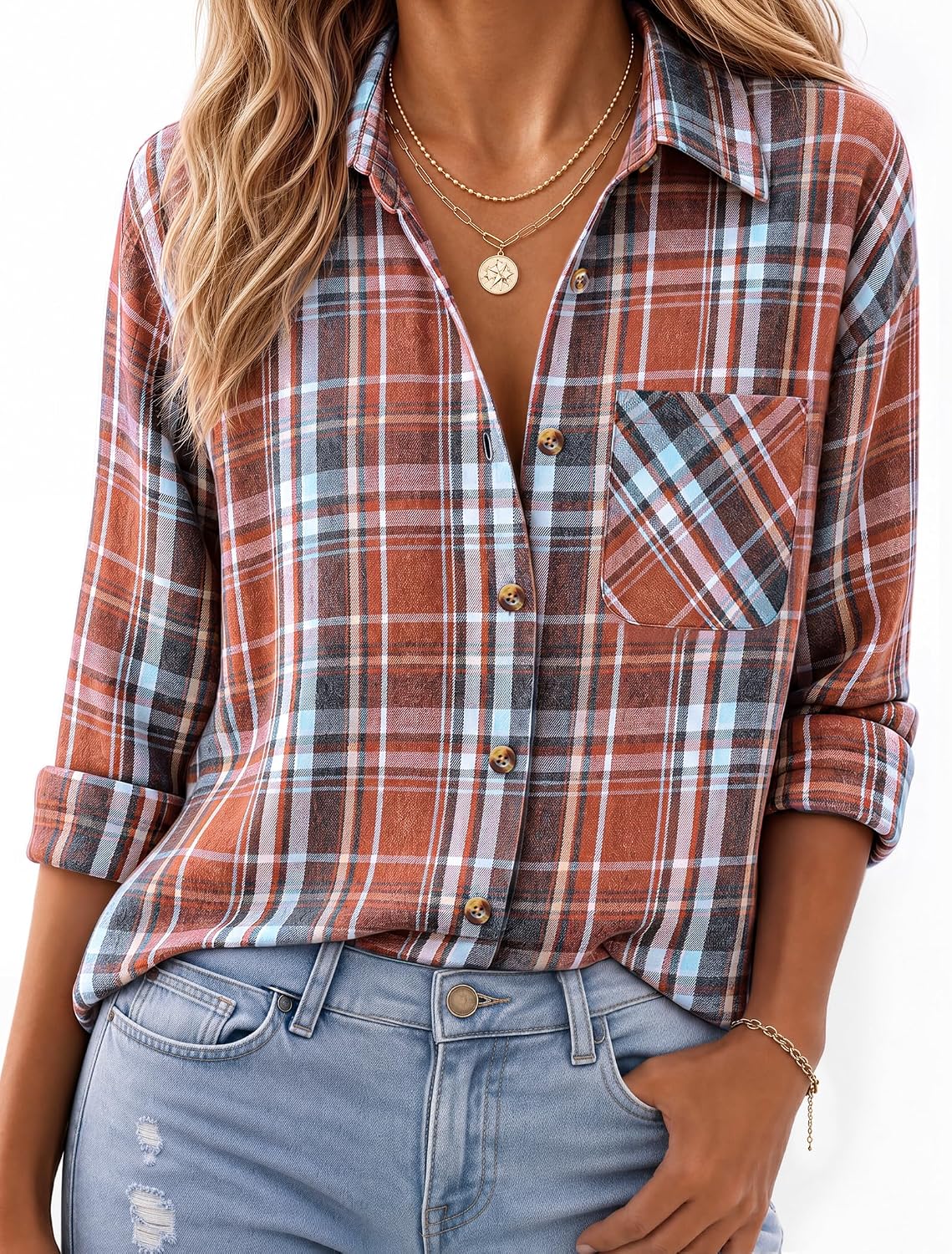 JOGAL W597 Women's Oversized Plaid Flannel Long-Sleeve Shirt - Orange Blue - model front