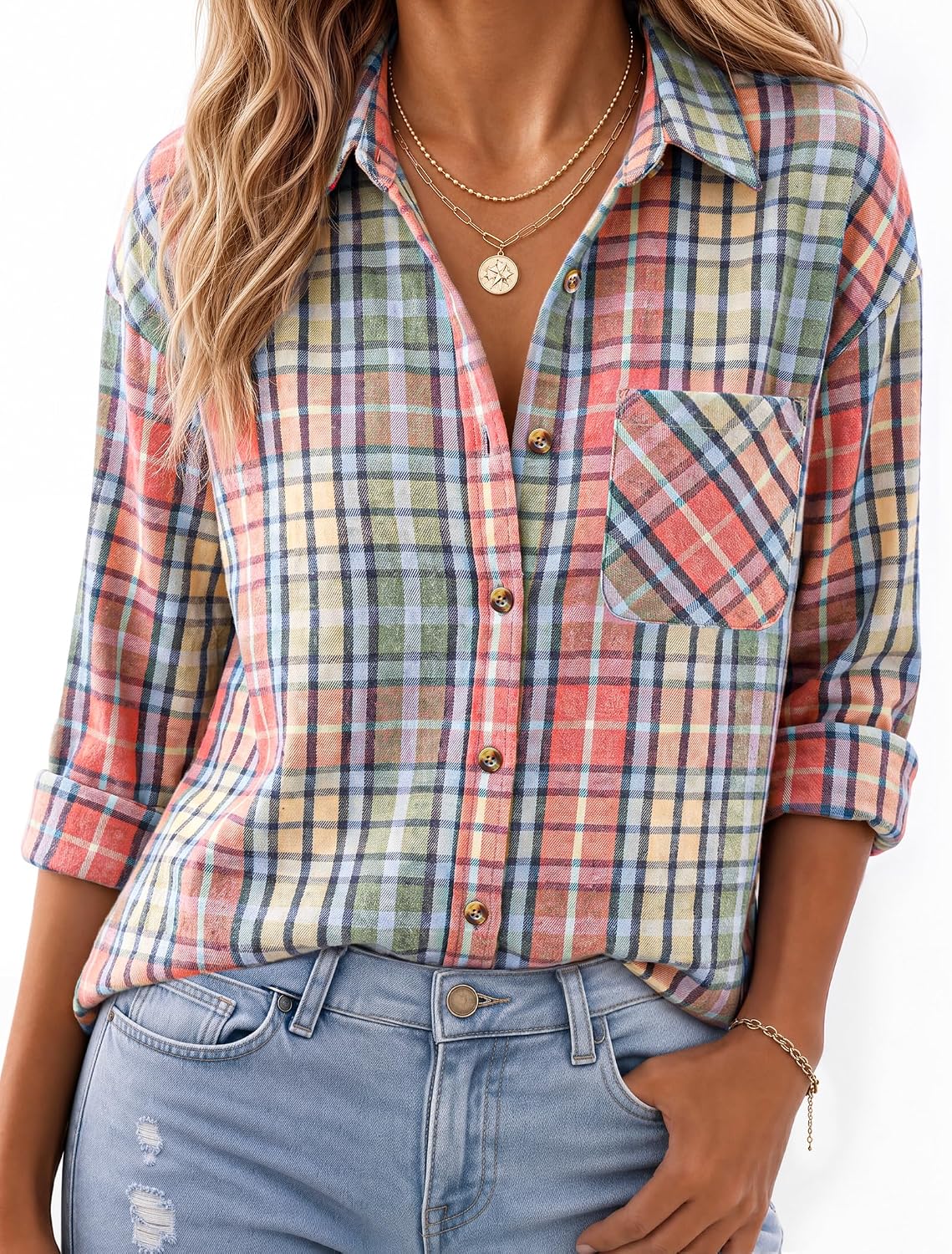 JOGAL W597 Women's Oversized Plaid Flannel Long-Sleeve Shirt - Orange Green - model front