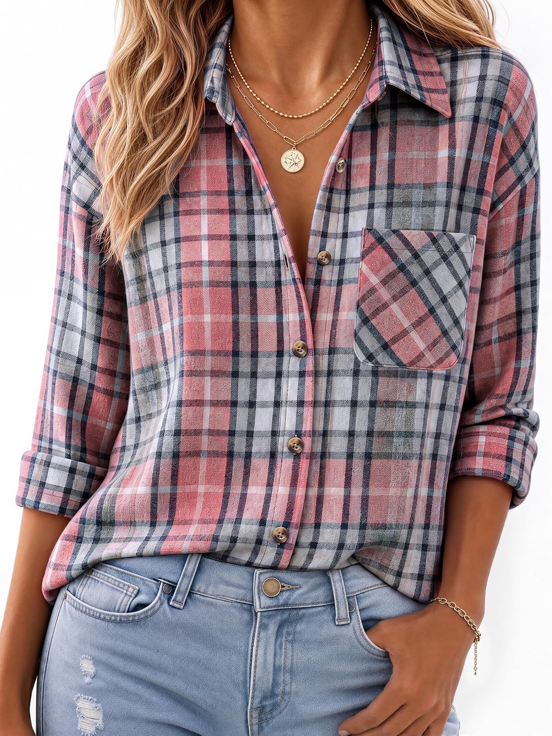 JOGAL W597 Women's Oversized Plaid Flannel Long-Sleeve Shirt - Pink Grey - model front
