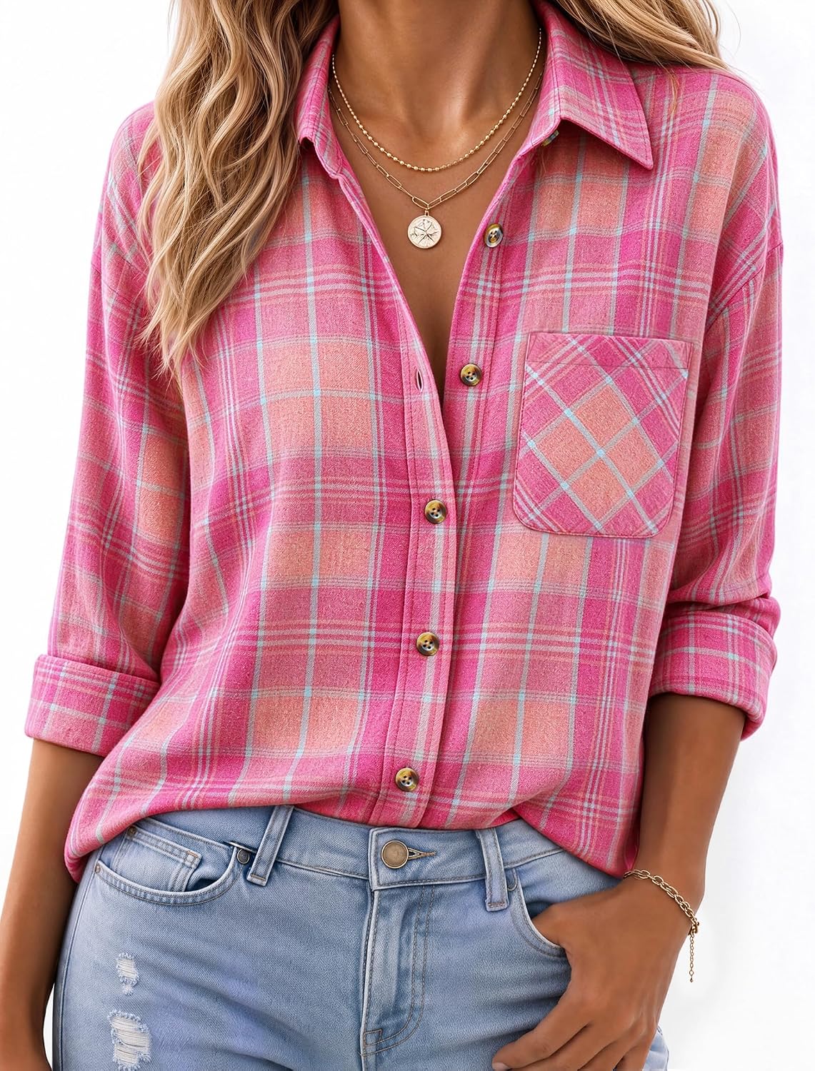 JOGAL W597 Women's Oversized Plaid Flannel Long-Sleeve Shirt - Pink - model front
