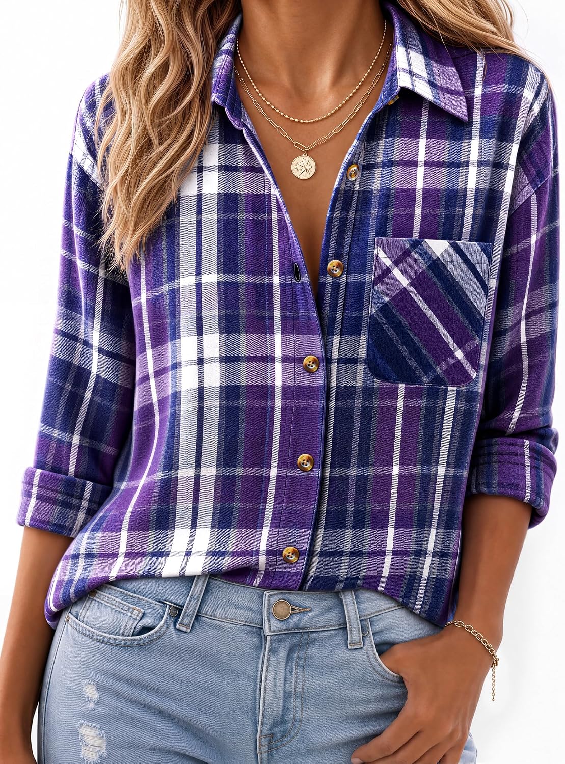 JOGAL W597 Women's Oversized Plaid Flannel Long-Sleeve Shirt - Purple - model front