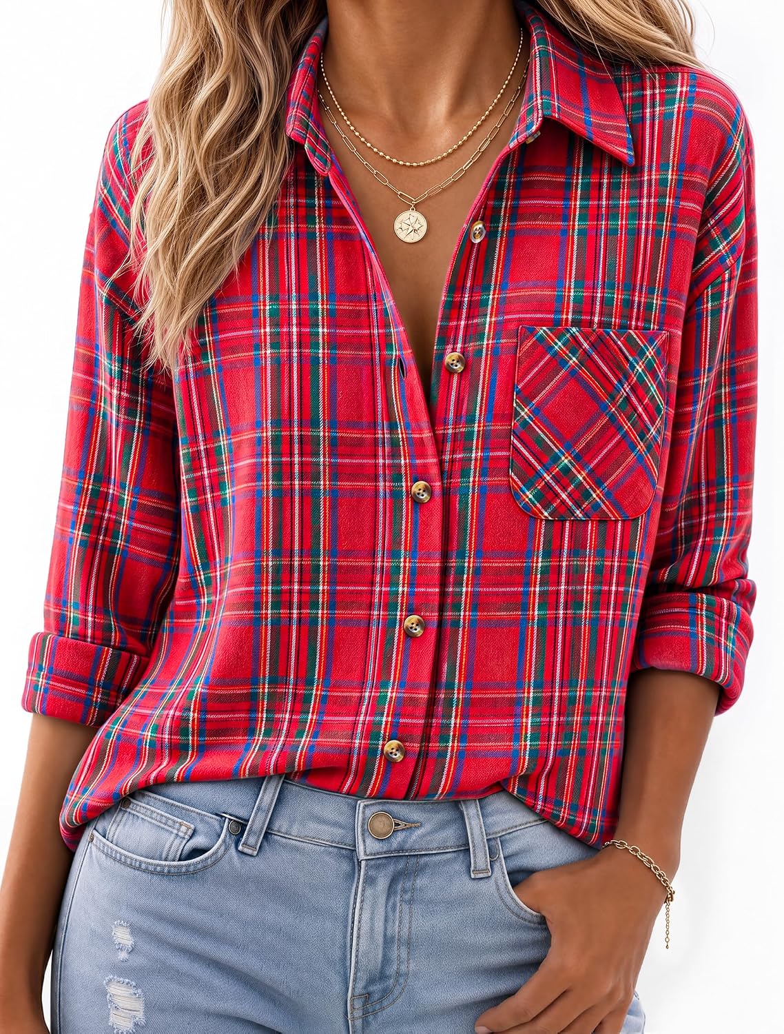 JOGAL W597 Women's Oversized Plaid Flannel Long-Sleeve Shirt - Red Green - model front
