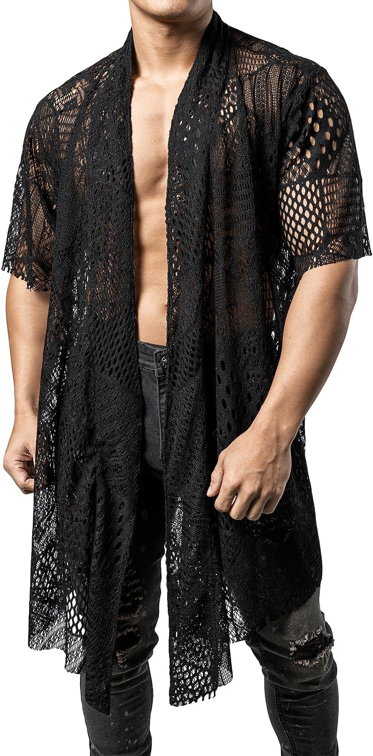 JOGAL WG07 men's mesh open front cardigan in Black front view