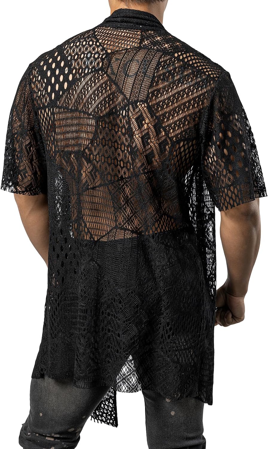JOGAL WG07 men's mesh open front cardigan in Black back view