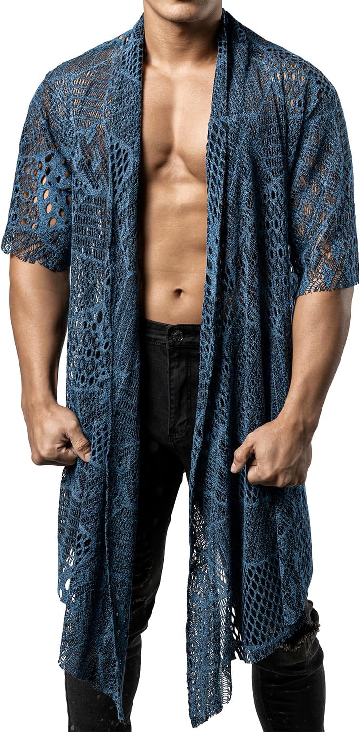 JOGAL WG07 men's mesh open front cardigan in Blue front view