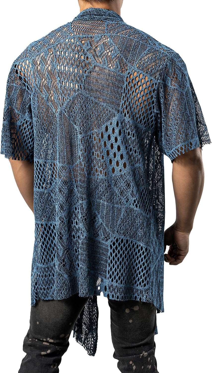 JOGAL WG07 men's mesh open front cardigan in Blue back view