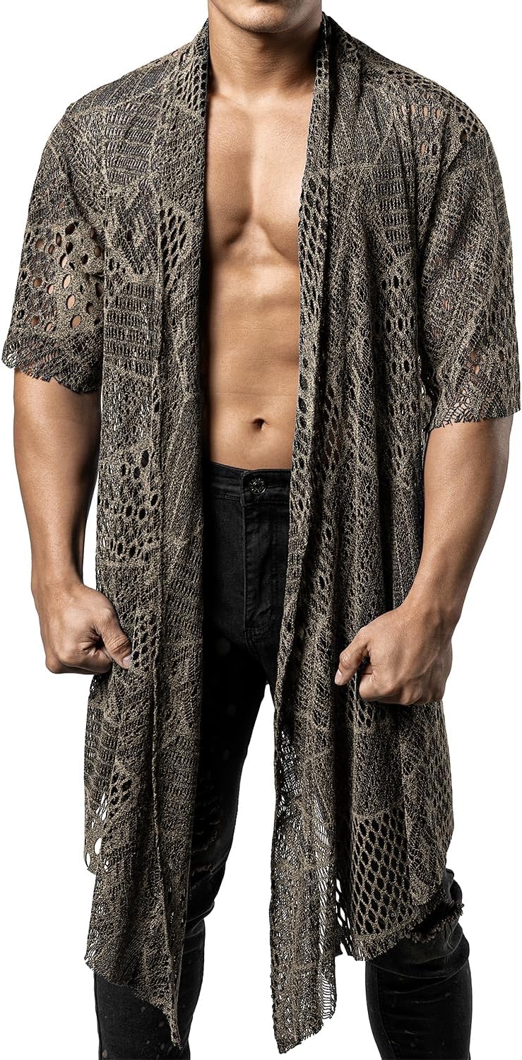JOGAL WG07 men's mesh open front cardigan in Champagne front view
