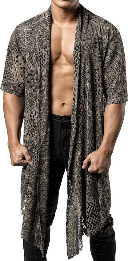 JOGAL WG07 men's mesh open front cardigan in Champagne front view