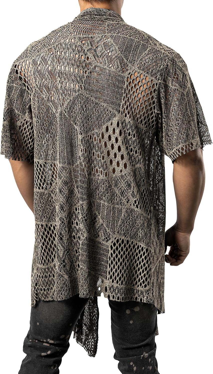 JOGAL WG07 men's mesh open front cardigan in Champagne back view