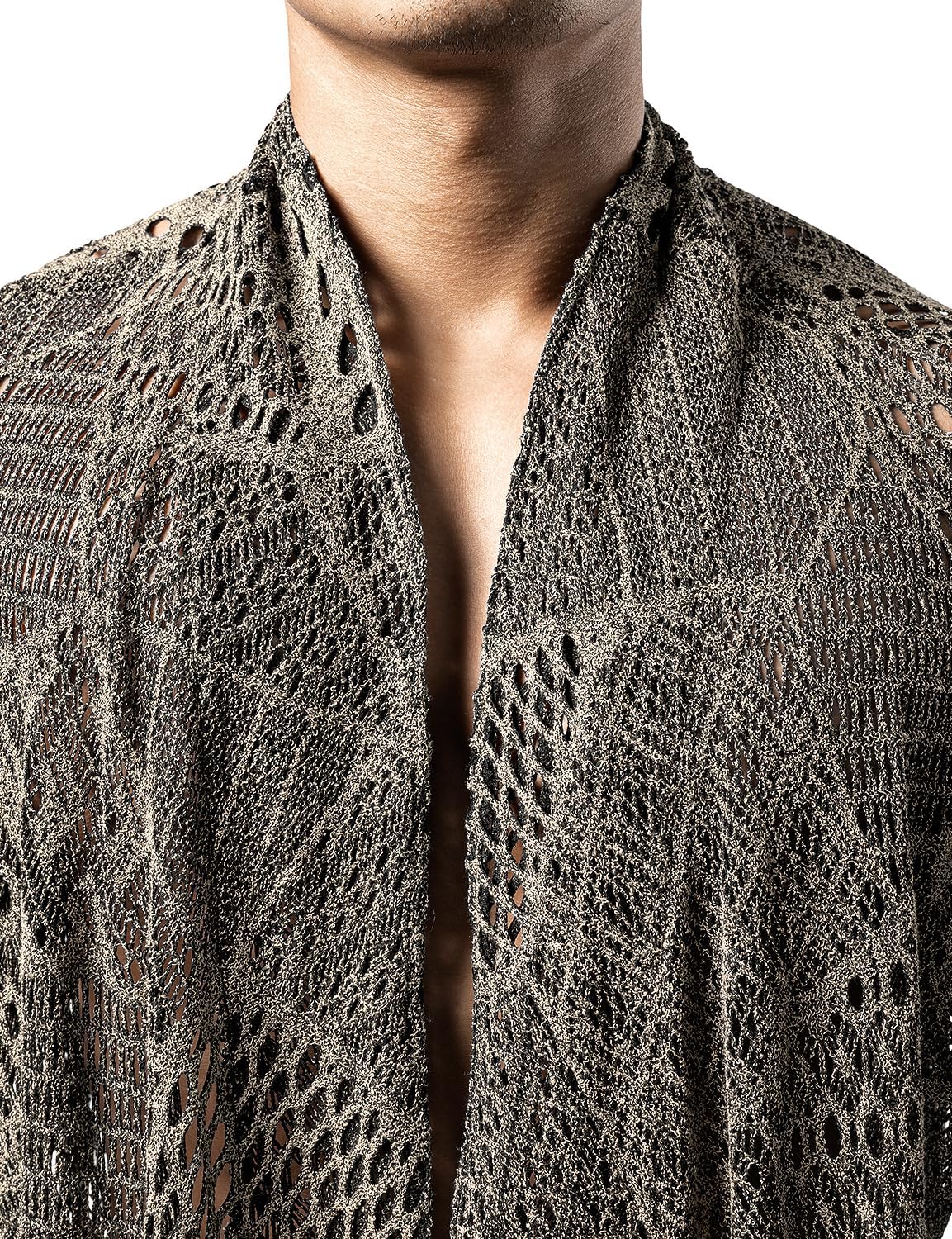 JOGAL WG07 men's mesh open front cardigan draped collar detail