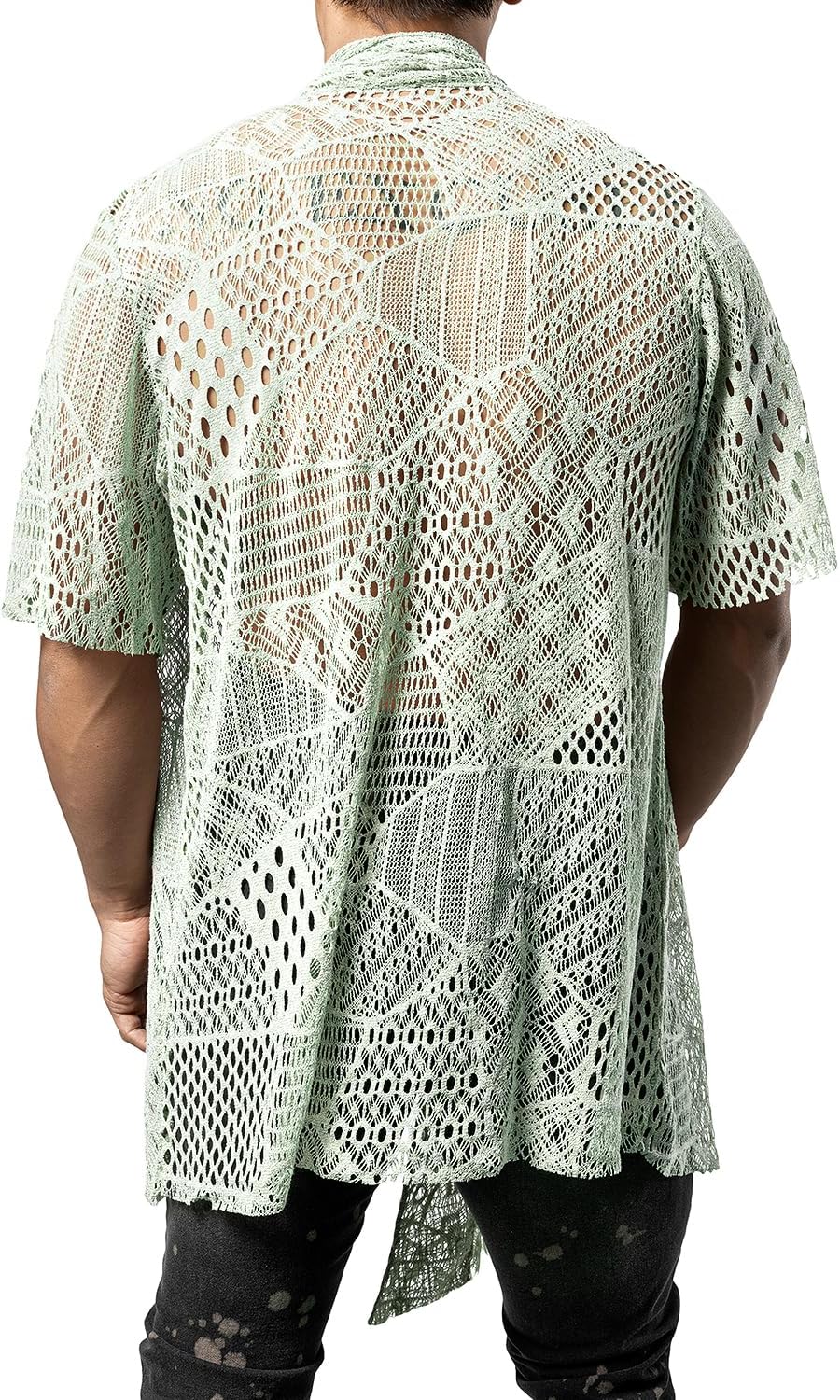 JOGAL WG07 men's mesh open front cardigan in Green back view