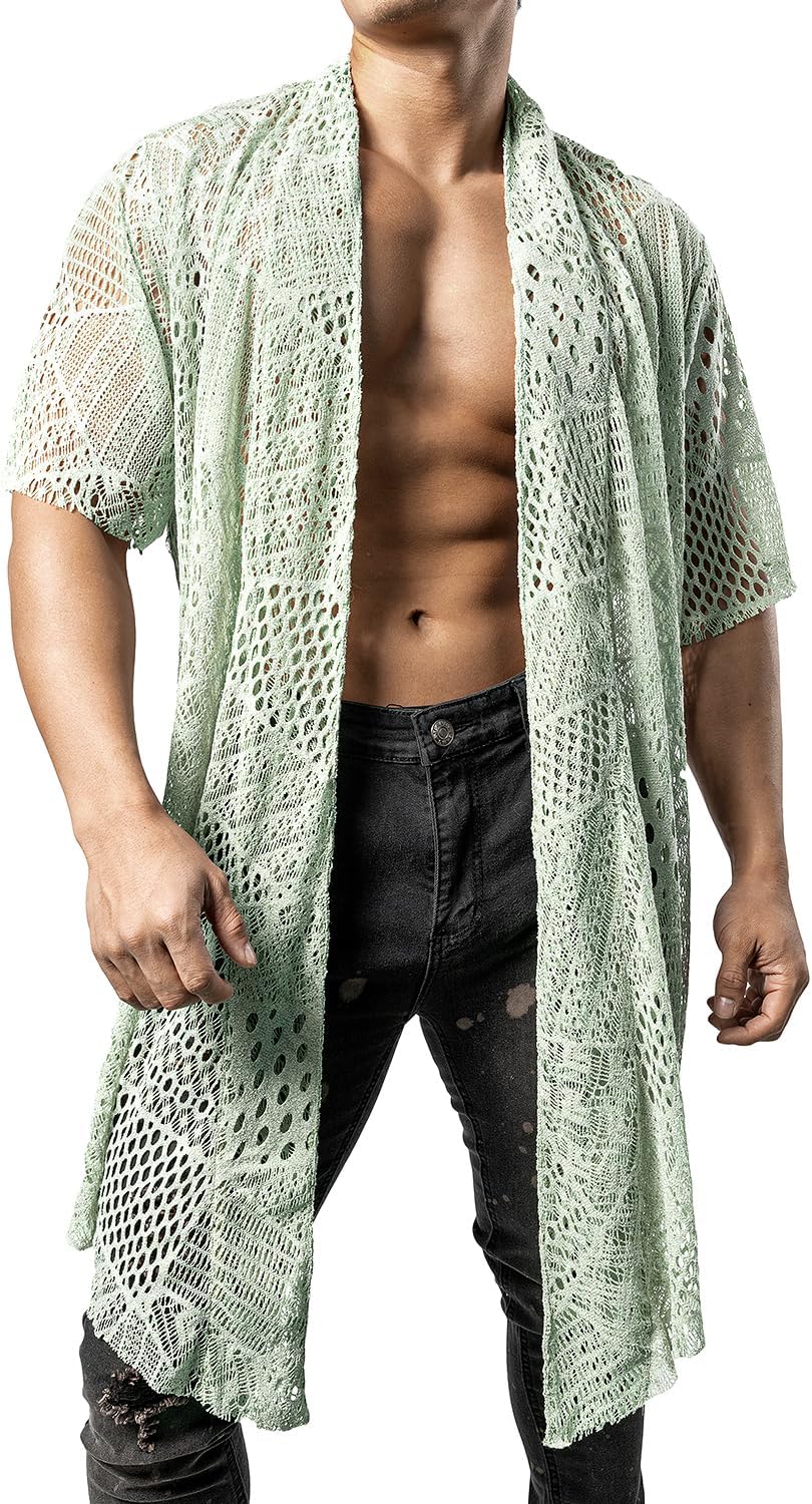 JOGAL WG07 men's mesh open front cardigan in Green front view