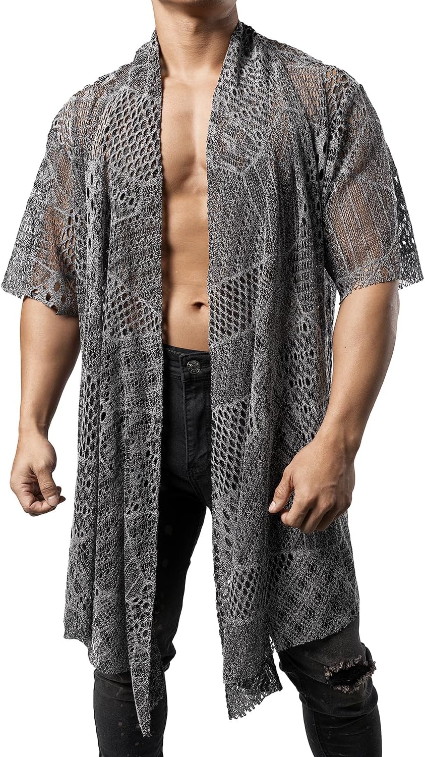 JOGAL WG07 men's mesh open front cardigan in White front view