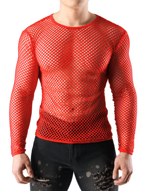 JOGAL Men's Mesh Fishnet Fitted Long Sleeves Muscle Top
