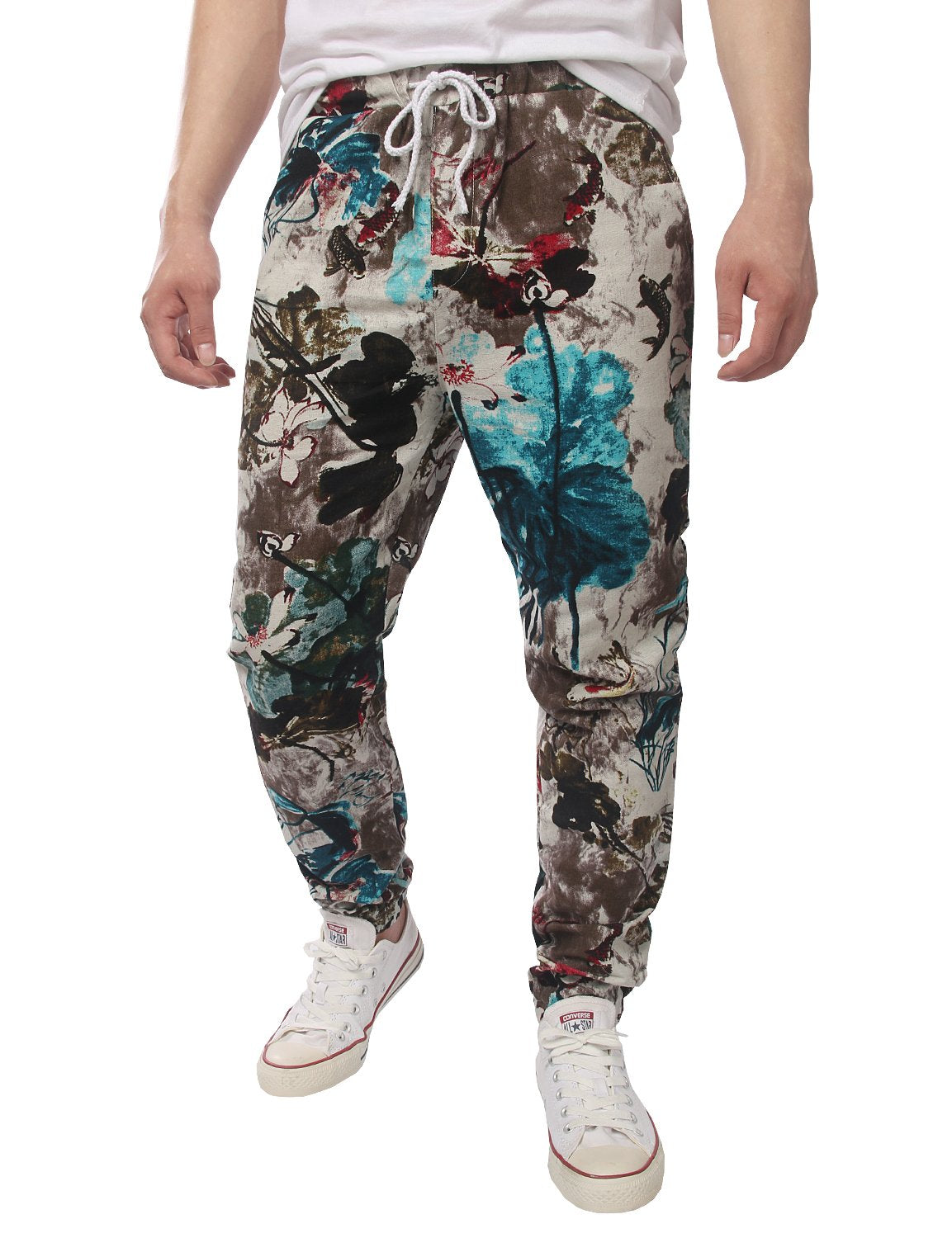 JOGAL Men's Jogger Cotton Pants Flower Printed Drawstring Trousers(Blue)