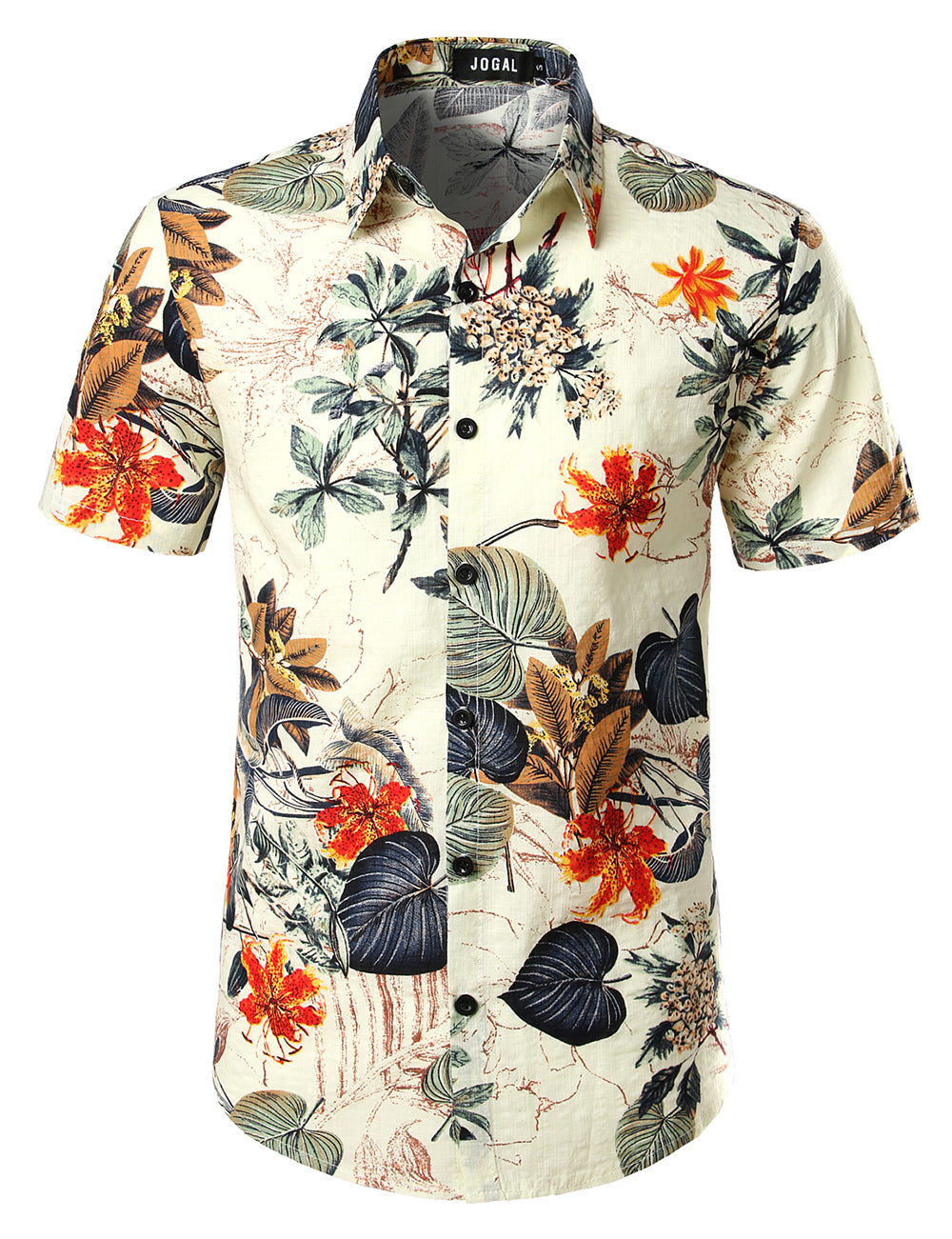 JOGAL Men's Flower Casual Button Down Short Sleeve Hawaiian Shirt(White)