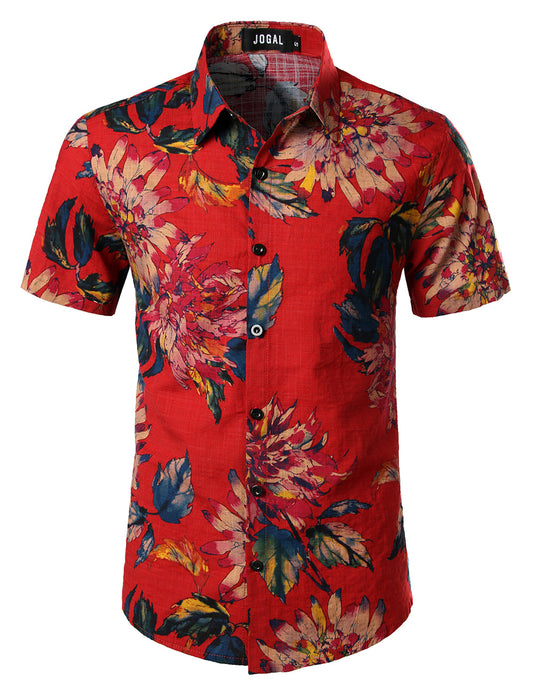 JOGAL Men's Flower Casual Button Down Short Sleeve Hawaiian Shirt(Red)