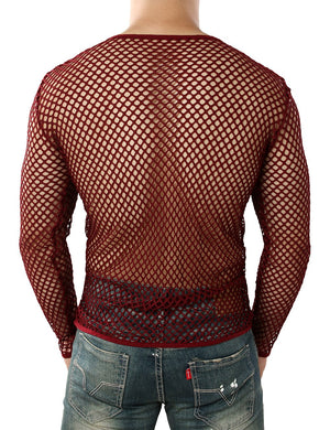 JOGAL Men's Mesh Fishnet Fitted Long Sleeves Muscle Top