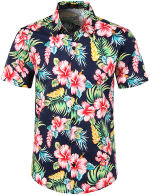 JOGAL Men's Flower Casual Button Down Short Sleeve Hawaiian Shirt(Hibiscus)