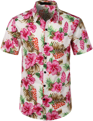 JOGAL Men's Flower Casual Button Down Short Sleeve Hawaiian Shirt(Hibiscus)