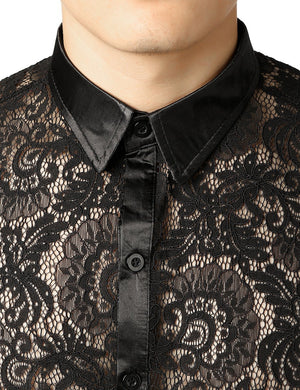 JOGAL Men's Sexy See Through Lace Clubwear Long Sleeve Button Down C