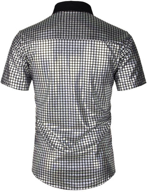 JOGAL Men's Dress Shirt Sequins Short Sleeves Button Down Shirts 70s Disco Party Costume