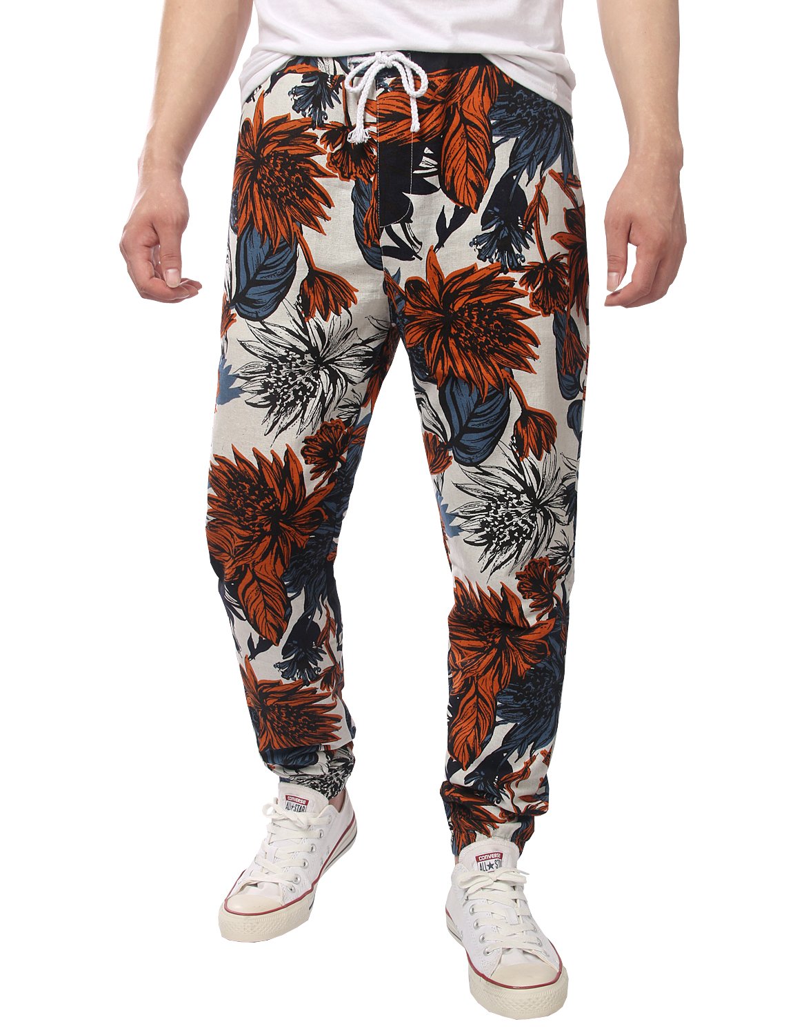 JOGAL Men's Jogger Cotton Pants Flower Printed Drawstring Trousers(Red)