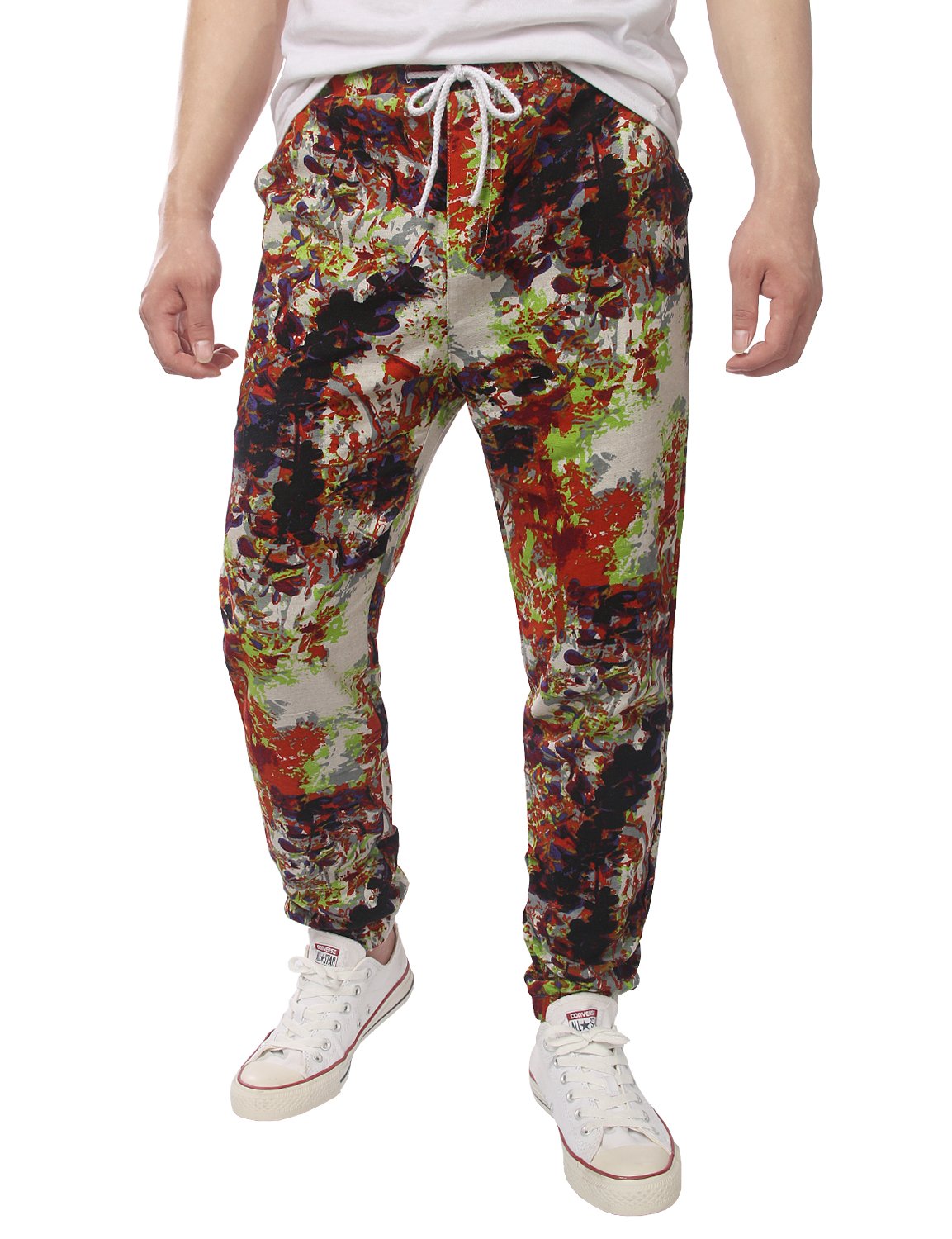 JOGAL Men's Jogger Cotton Pants Flower Printed Drawstring Trousers(Brown)