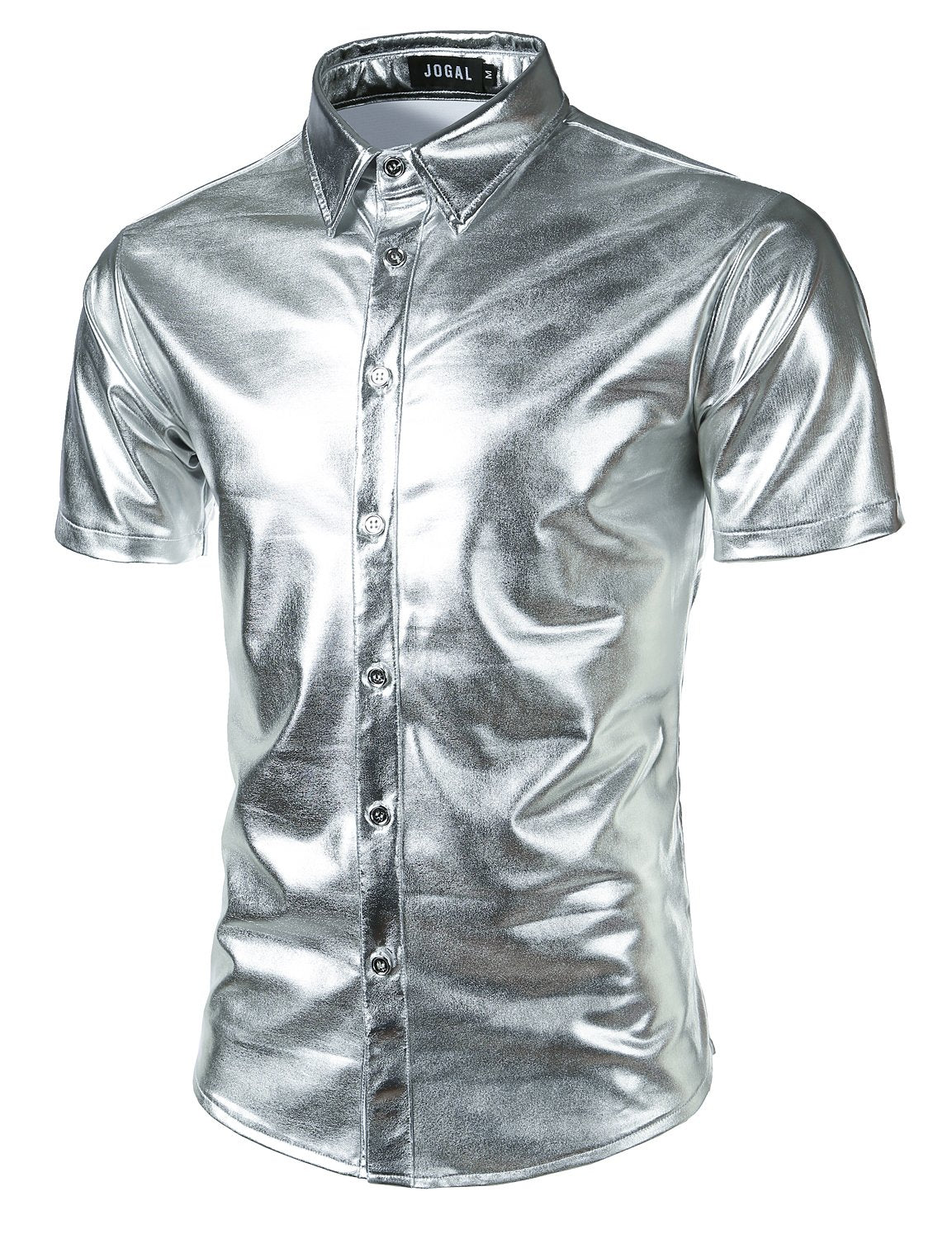 JOGAL Mens Metallic Shiny Nightclub Styles Short Sleeves Button Down D   JOGAL SHOP