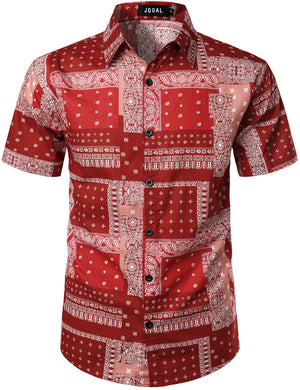 JOGAL Men's Paisley Bandana Print Hawaiian Shirt