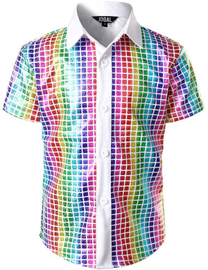 JOGAL Boy's Dress Shirt Sequins Button Down Shirts 70s Disco Party Costume