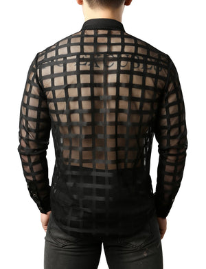 JOGAL Men's Mesh Fishnet See Through Lace Sheer Button Down Shirts