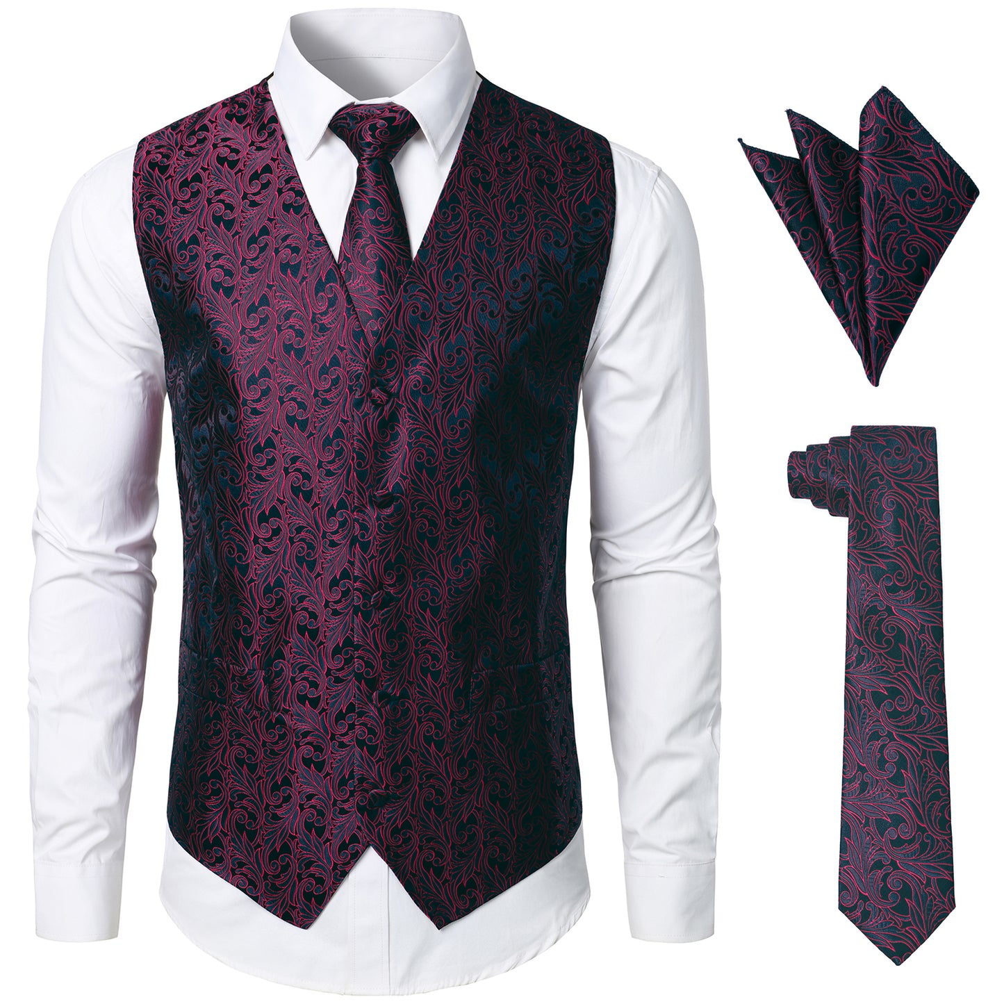 JOGAL Men's 3pc Paisley Vest Necktie Pocket Square Set for Suit or Tux –  JOGAL SHOP