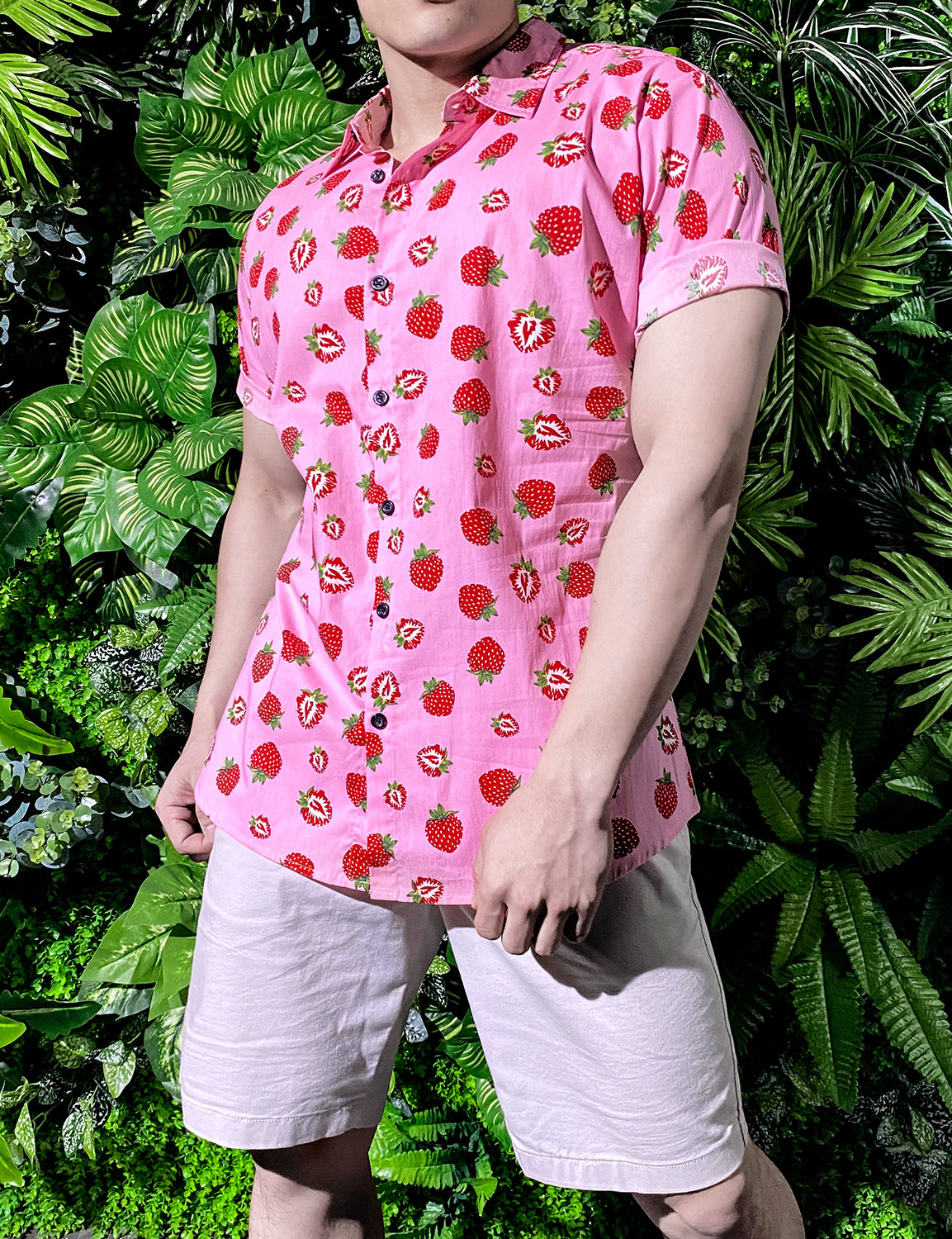 JOGAL Men's Cotton Button Down Short Sleeve Hawaiian Shirt (Strawberry)