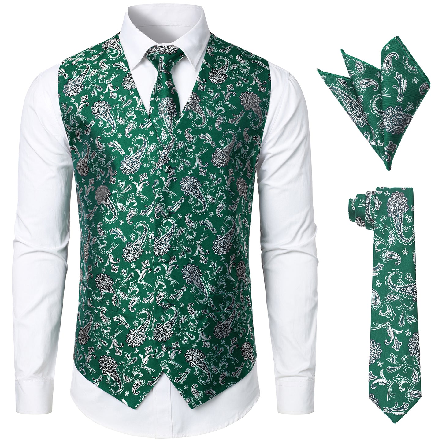 JOGAL Men's 3pc Paisley Vest Necktie Pocket Square Set for Suit or Tuxedo