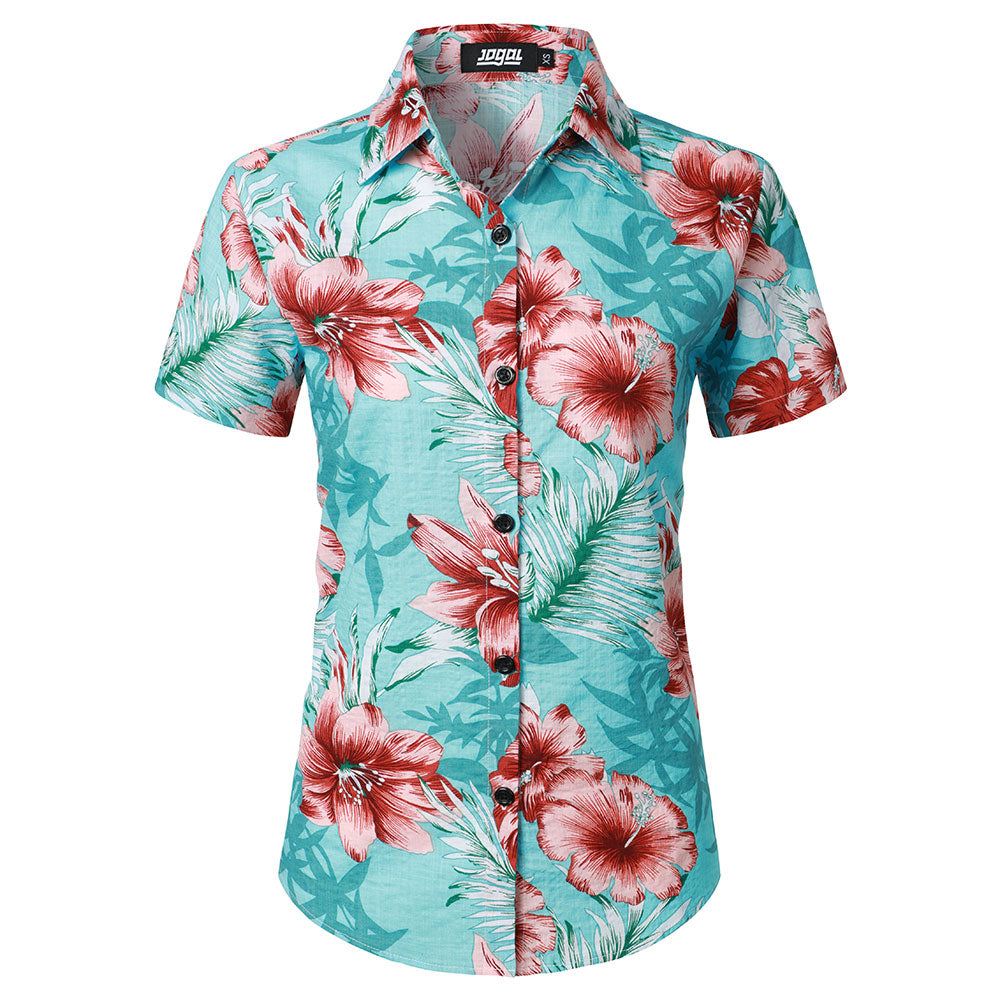 JOGAL Women's Floral Blouse Casual Button Down Short Sleeve Aloha Hawaiian Shirt