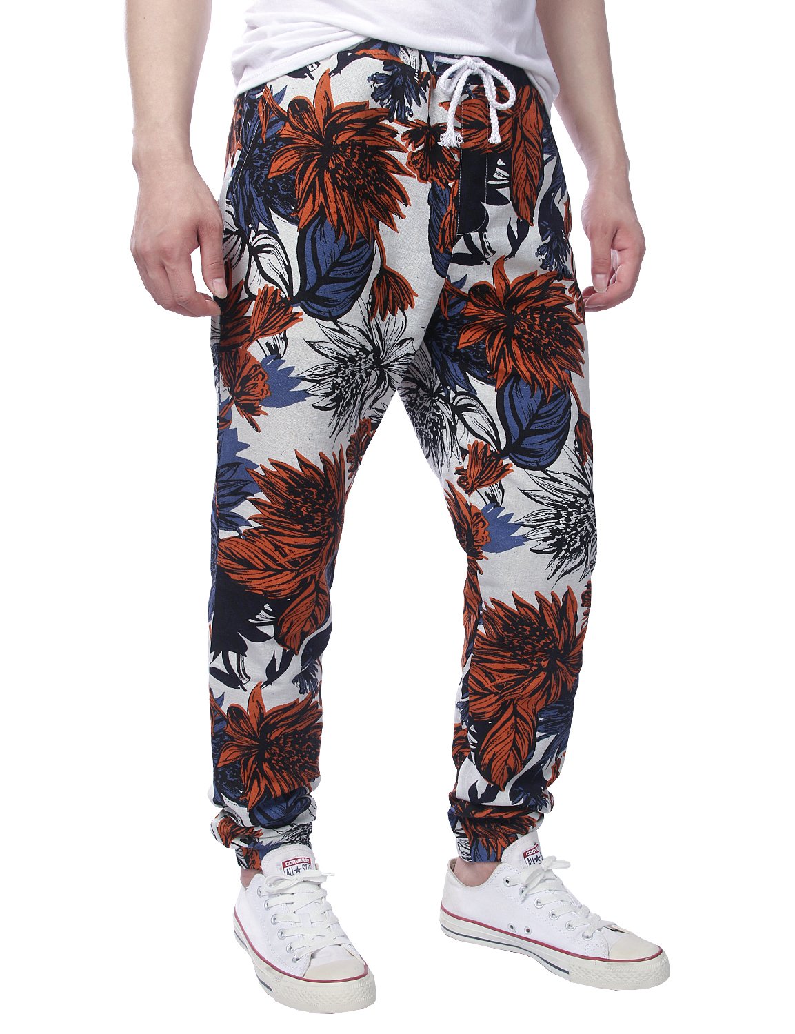 JOGAL Men's Jogger Cotton Pants Flower Printed Drawstring Trousers(Red)