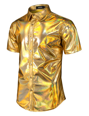 JOGAL Mens Metallic Shiny Nightclub Styles Short Sleeves Button Down Dress Shirts