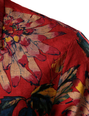 JOGAL Men's Flower Casual Button Down Short Sleeve Hawaiian Shirt(Red)