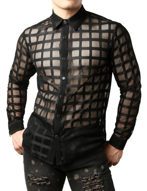 JOGAL Men's Mesh Fishnet See Through Lace Sheer Button Down Shirts