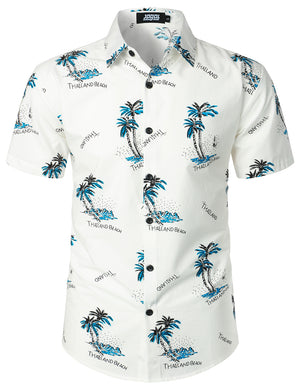 JOGAL Men's Flower Cotton Button Down Short Sleeve Hawaiian Shirt（BlueLineFlower）