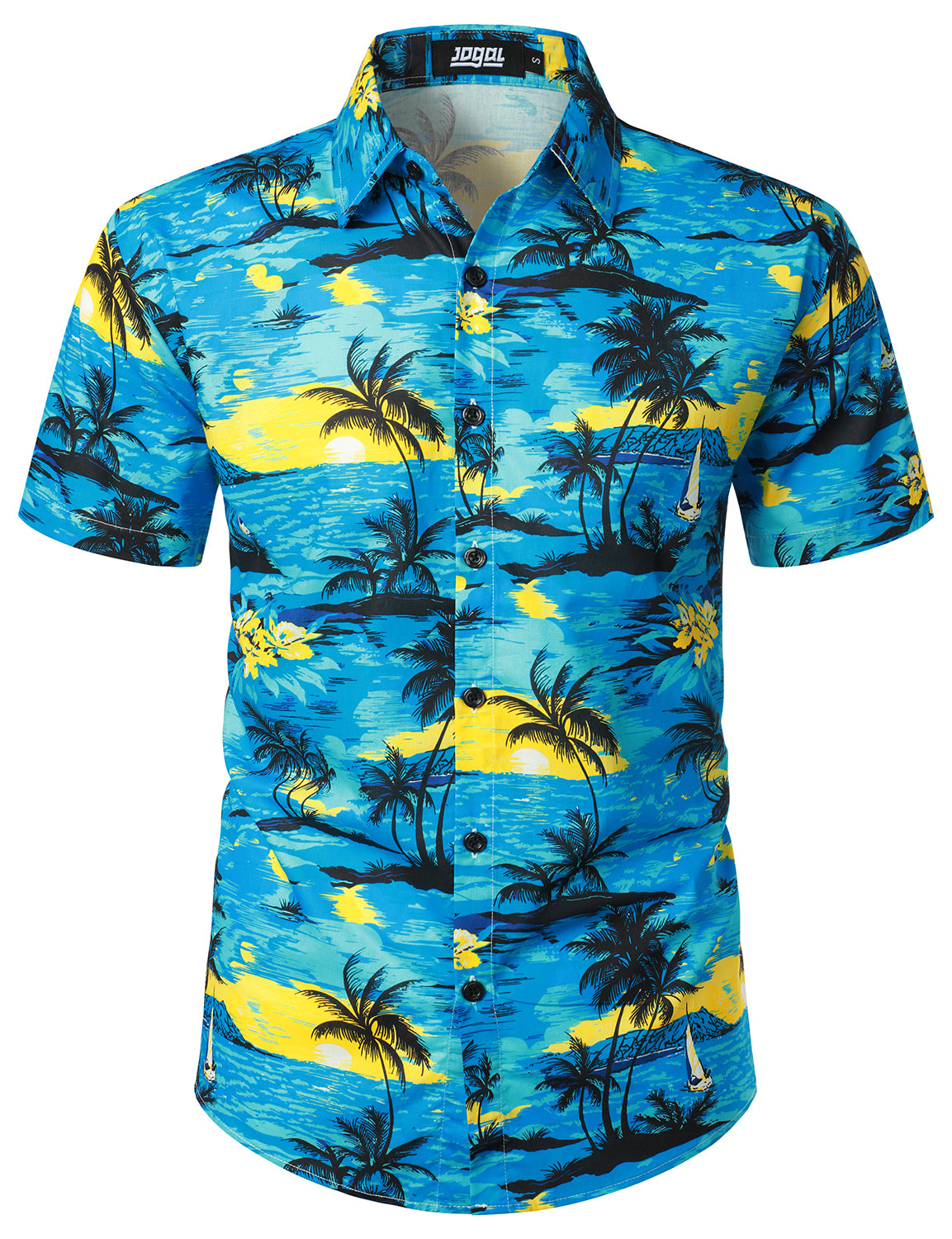 JOGAL Men's Flower Cotton Button Down Short Sleeve Hawaiian Shirt（SkyBlueDaisy）