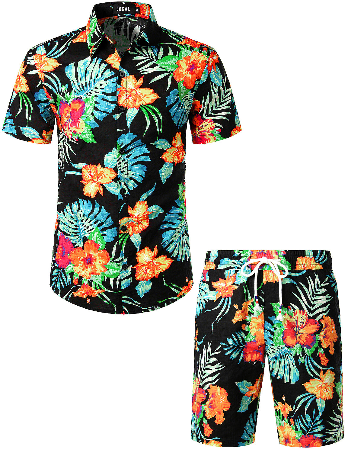 JOGAL Men's Flower Casual Button Down Short Sleeve Hawaiian Shirt, OrangeLf / XXL
