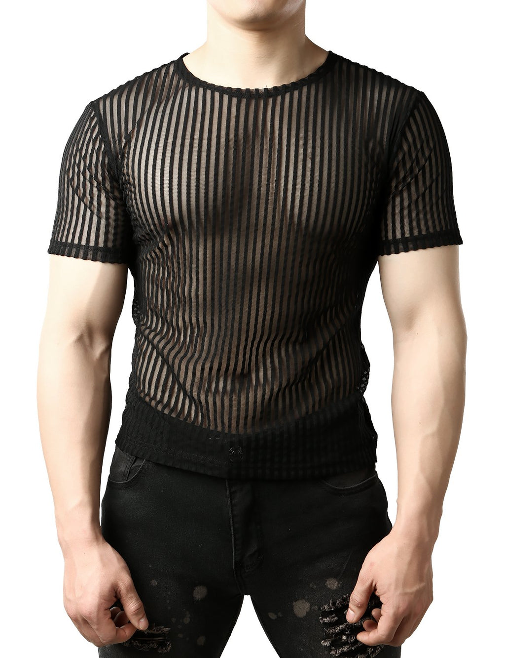 JOGAL Men's Vertical Striped See Through Fitted Short Sleeve Muscle Top
