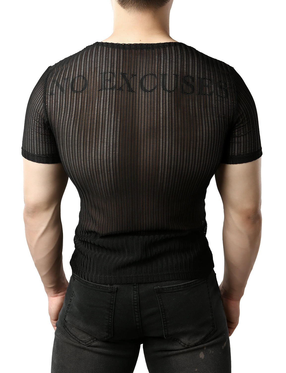 JOGAL Men's Mesh See Through Fitted Short Sleeve Muscle Top