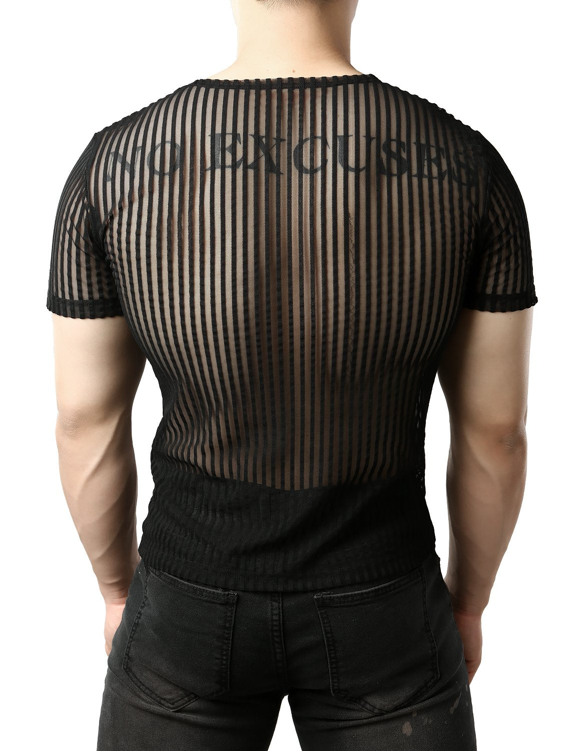 JOGAL Men's Vertical Striped See Through Fitted Short Sleeve Muscle Top