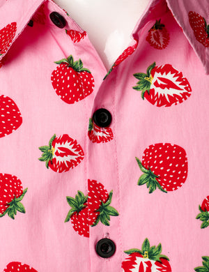 JOGAL Men's Cotton Button Down Short Sleeve Hawaiian Shirt (Strawberry)