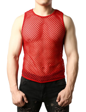 JOGAL Men's Mesh Fishnet Fitted Muscle Top